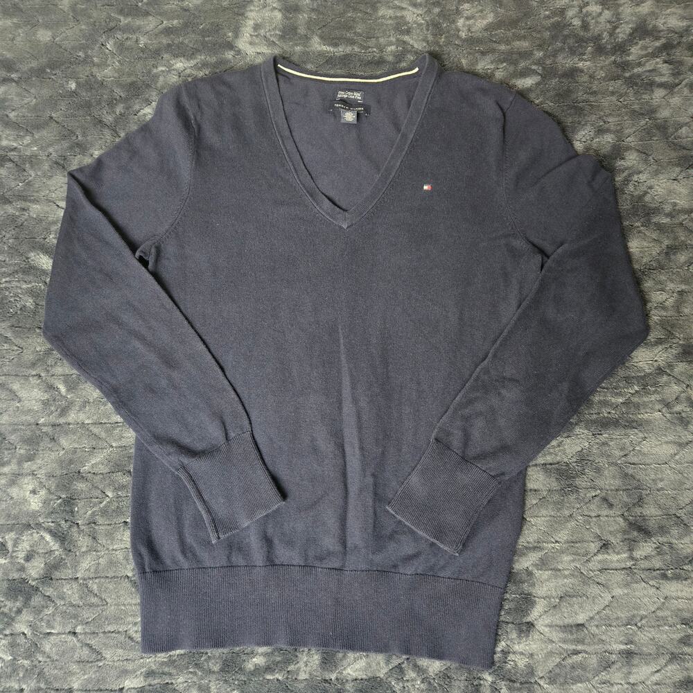 Tommy Hilfiger Women's Navy Blue Long Sleeve V Neck Sweater Pima Cotton - Size L